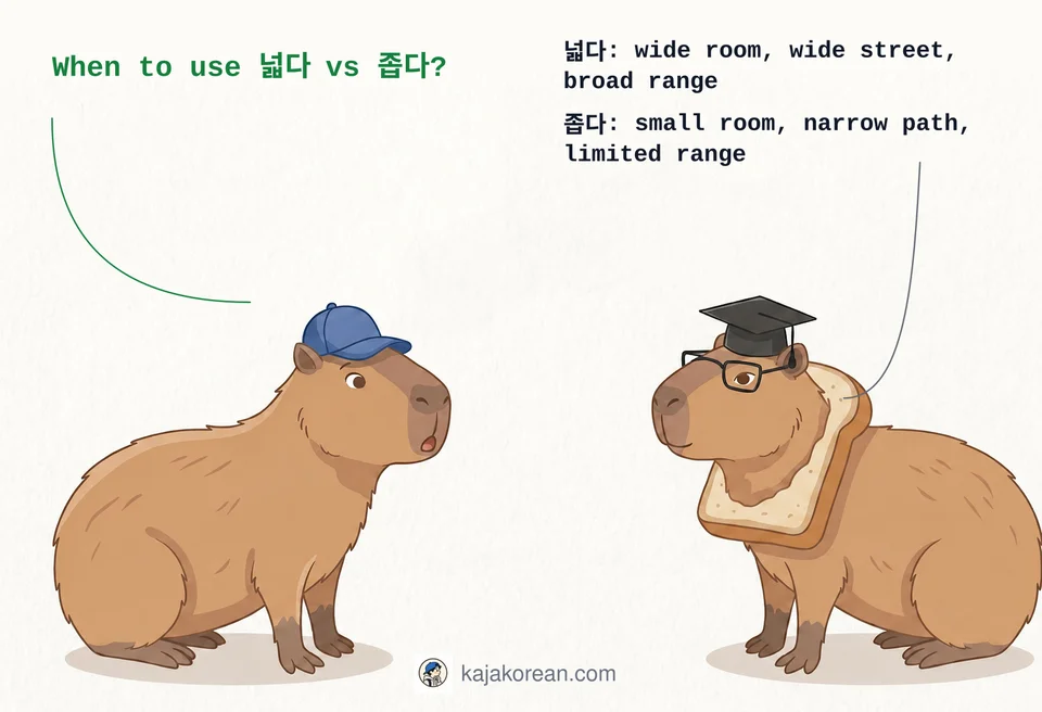 Comparison of 넓다 and 좁다 meaning wide and narrow space