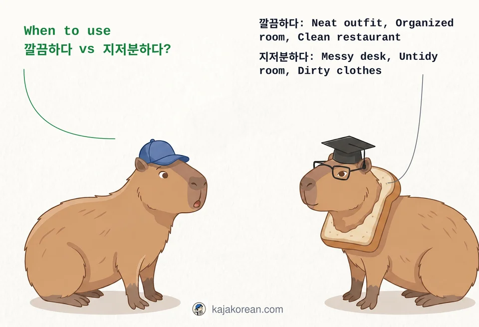 Comparison of Korean words 깔끔하다 and 지저분하다 for cleanliness and messiness