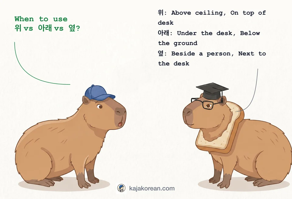 Comparison of Korean position words 위, 아래, 옆 with usage examples