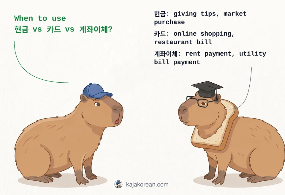 Comparison of Korean payment methods: cash, card, and bank transfer