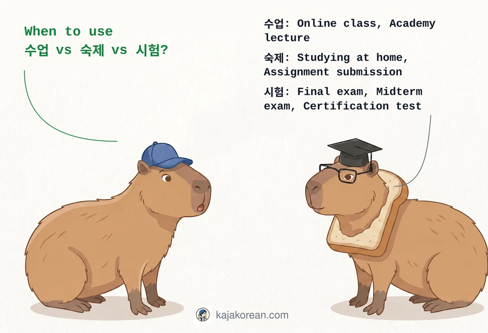 Comparison of Korean words 수업, 숙제, and 시험 with usage examples