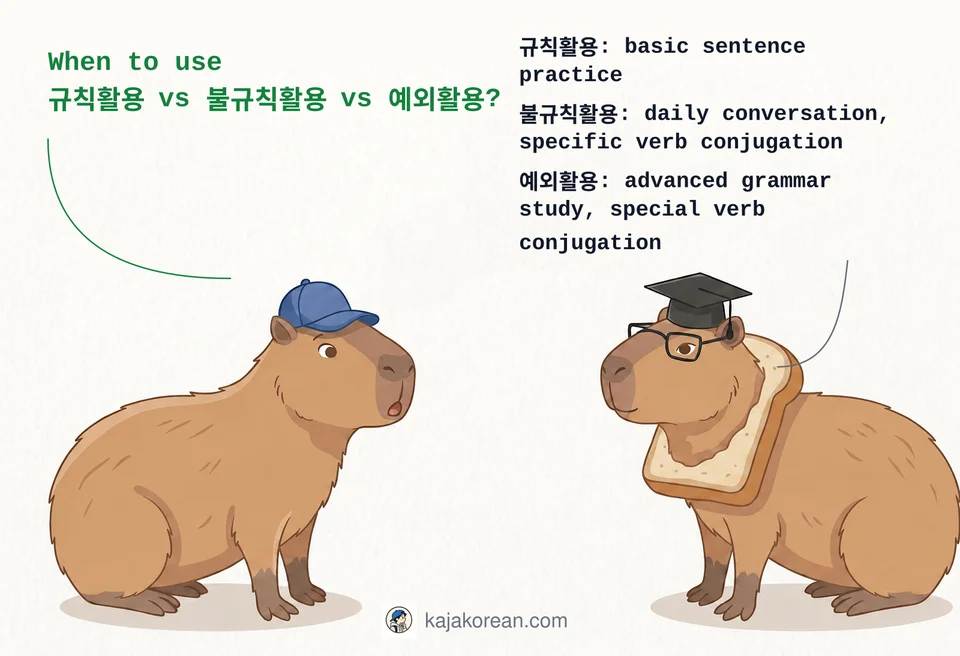 Comparison of Korean regular, irregular, and exception verb conjugations