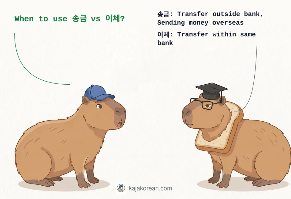 Comparison of Korean words 송금 and 이체 for money transfer