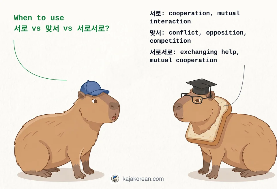 Comparison of Korean words 서로, 맞서, 서로서로 showing nuances of mutuality, opposition, and reciprocity
