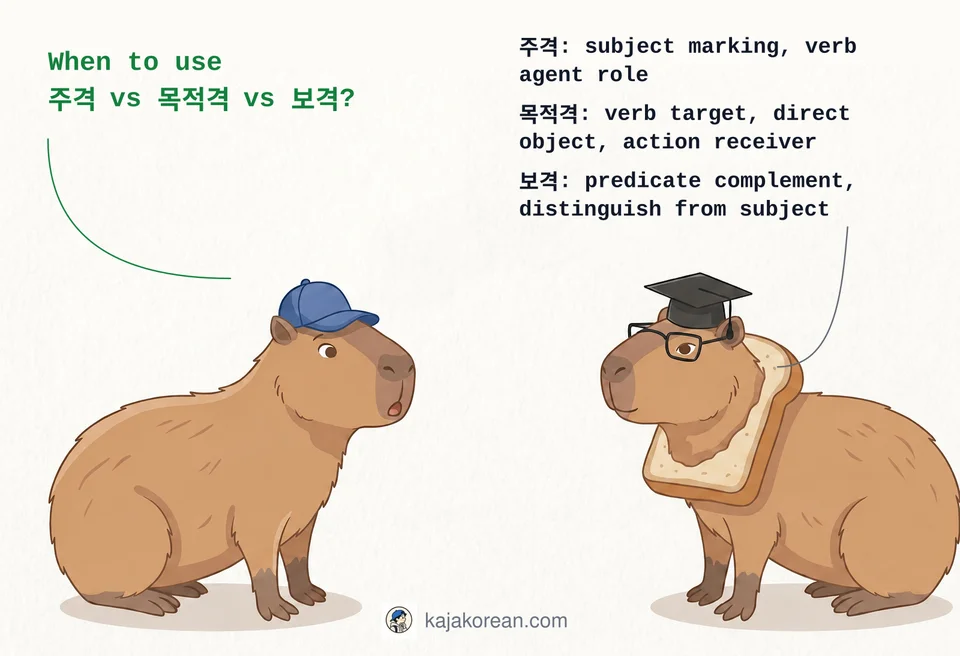 Comparison chart of Korean particles 주격, 목적격, 보격 with usage examples