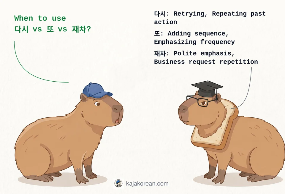 Comparison of Korean words 다시, 또, and 재차 for repetition