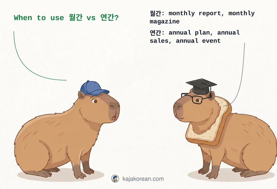 Comparison of Korean words 월간 and 연간 showing monthly vs annual usage
