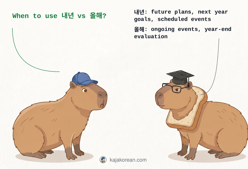 Comparison of Korean words 내년 and 올해 indicating next year and this year
