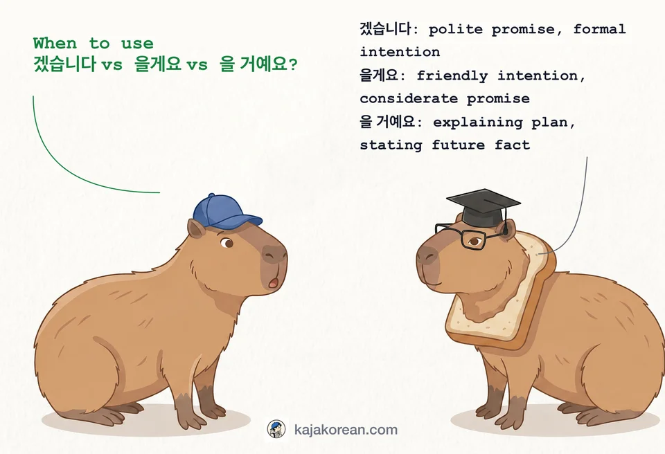 Comparison of Korean future tense endings 겠습니다, 을게요, and 을 거예요