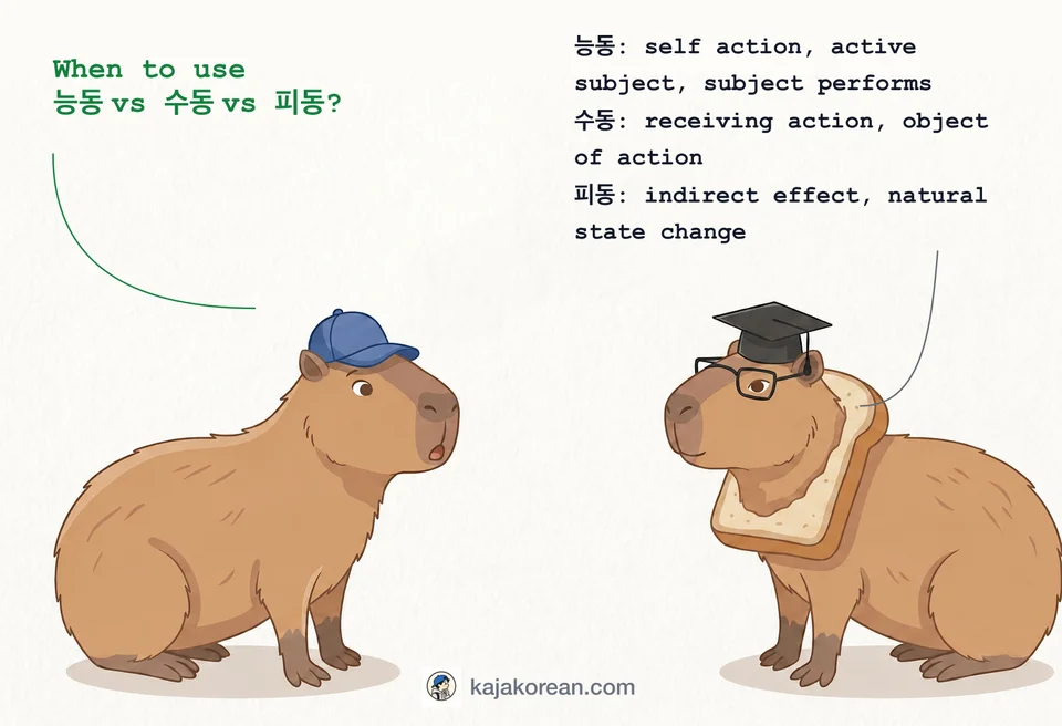 Comparison of Korean 능동, 수동, and 피동 verb forms