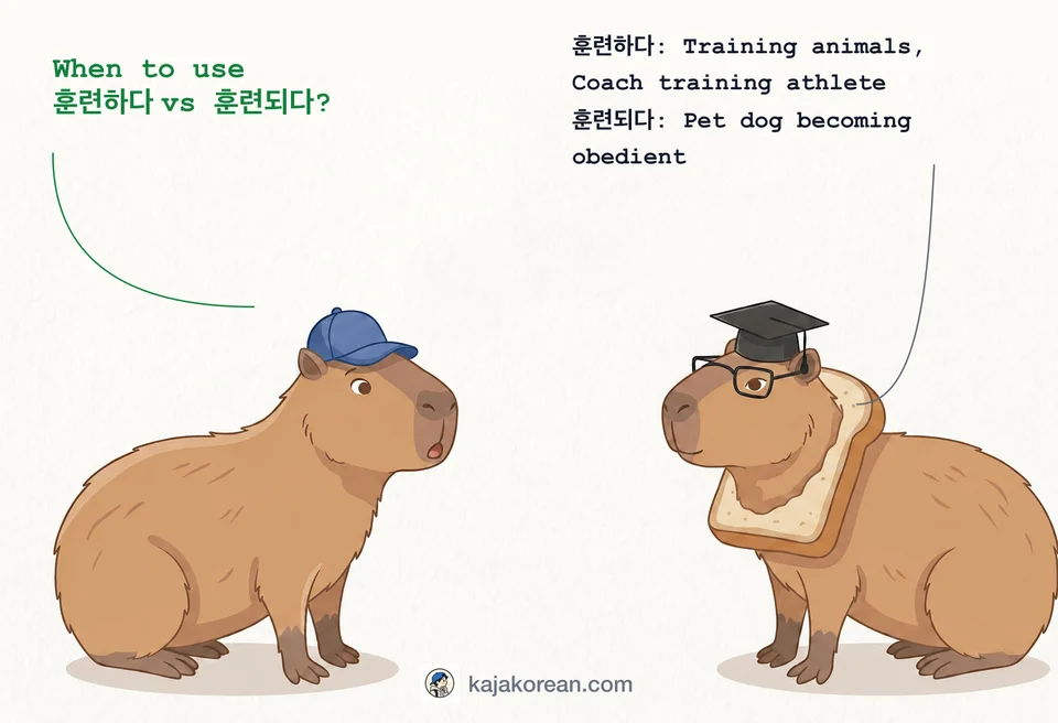 Comparison of Korean words 훈련하다 and 훈련되다 showing active vs passive training