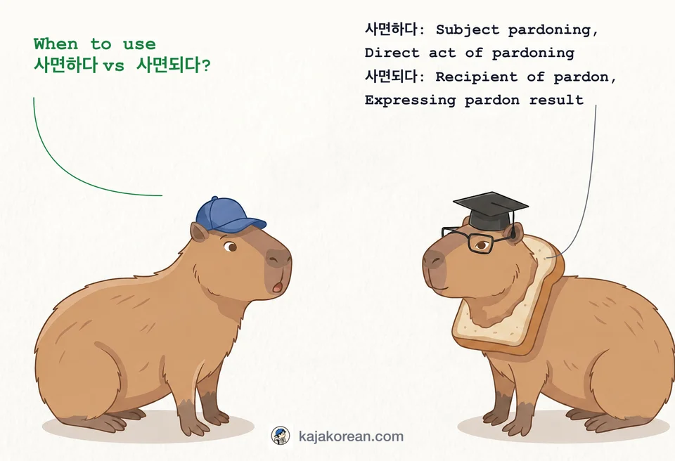 Comparison of Korean verbs 사면하다 and 사면되다 with examples