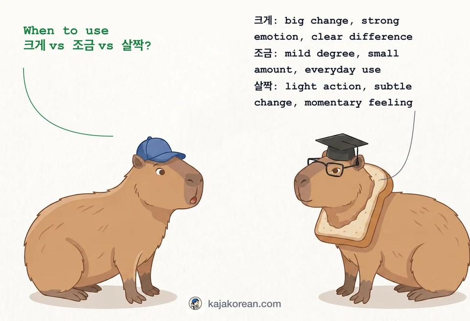 Comparison of Korean adverbs 크게, 조금, 살짝 indicating degree intensity