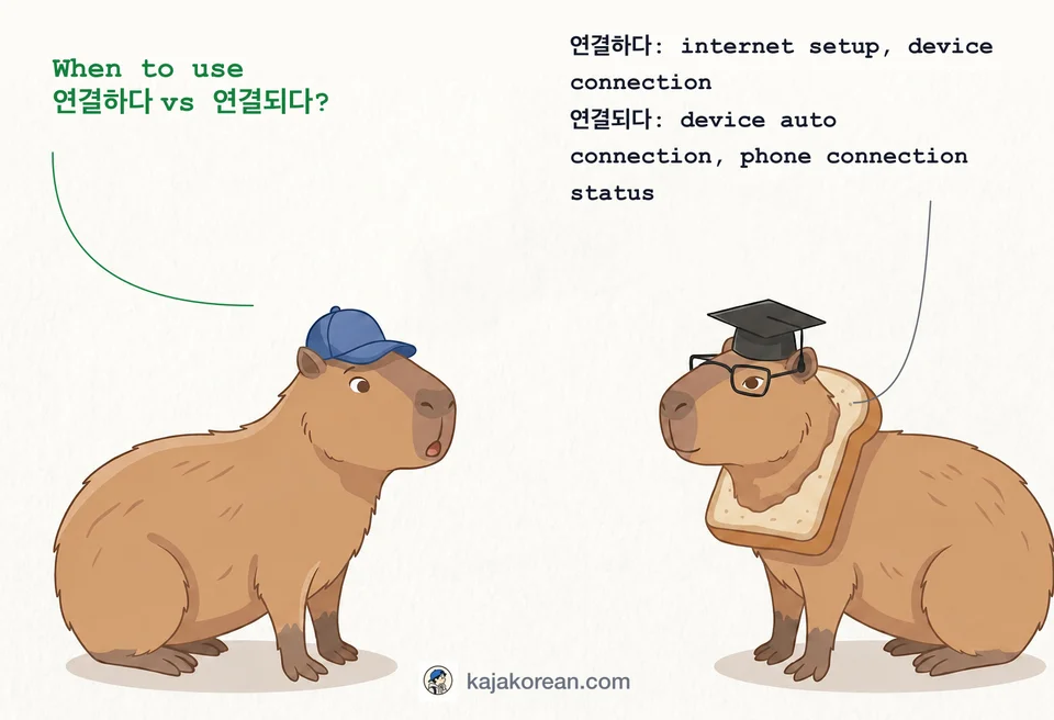 Comparison of Korean verbs 연결하다 and 연결되다 showing active vs passive connection