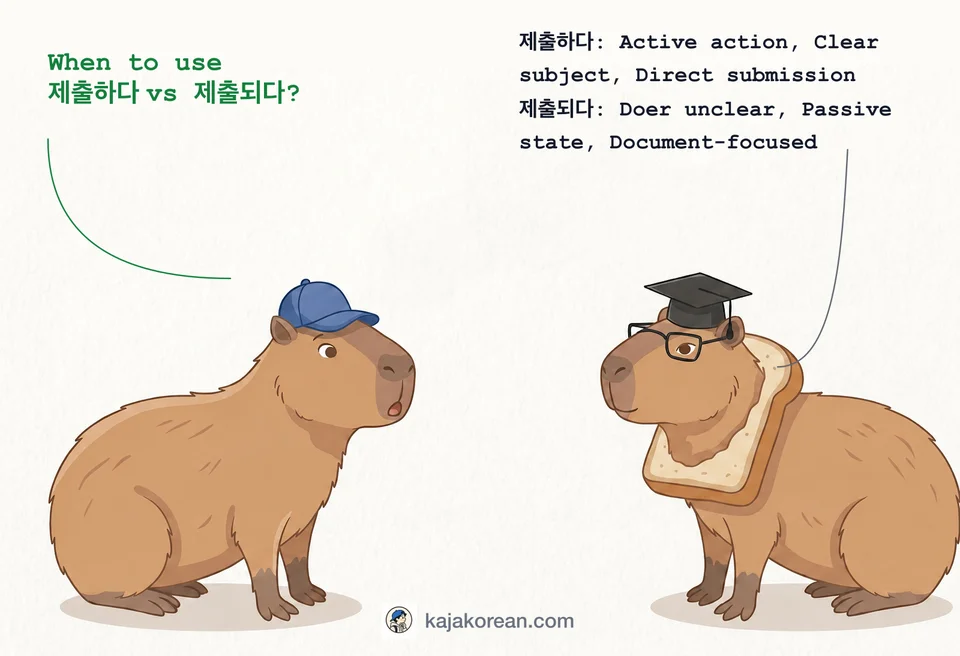 Comparison of Korean verbs 제출하다 and 제출되다 showing active vs passive usage