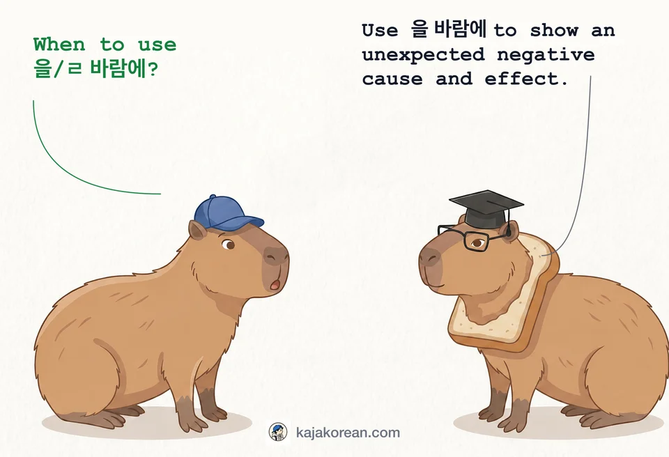 Explanation of Korean grammar pattern 을 바람에