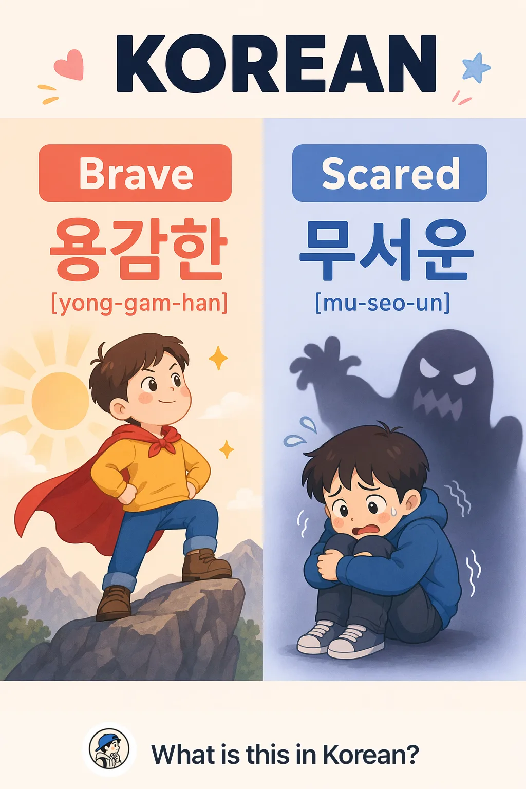 Brave vs Scared in Korean — Korean vocab chart