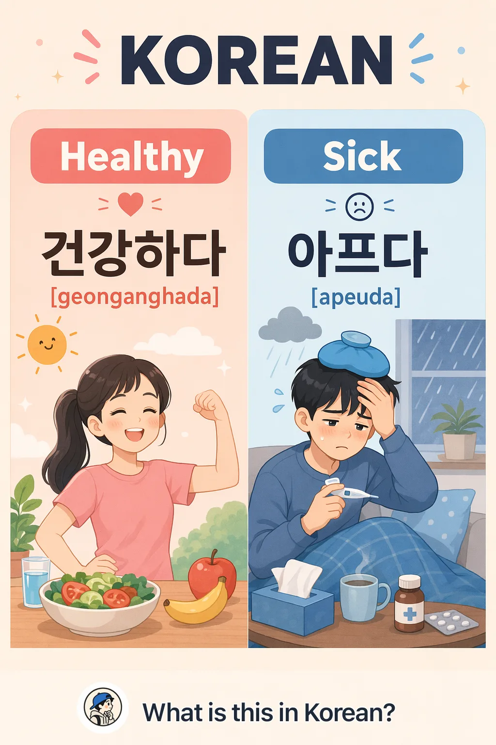 Healthy vs Sick in Korean — Korean vocab chart