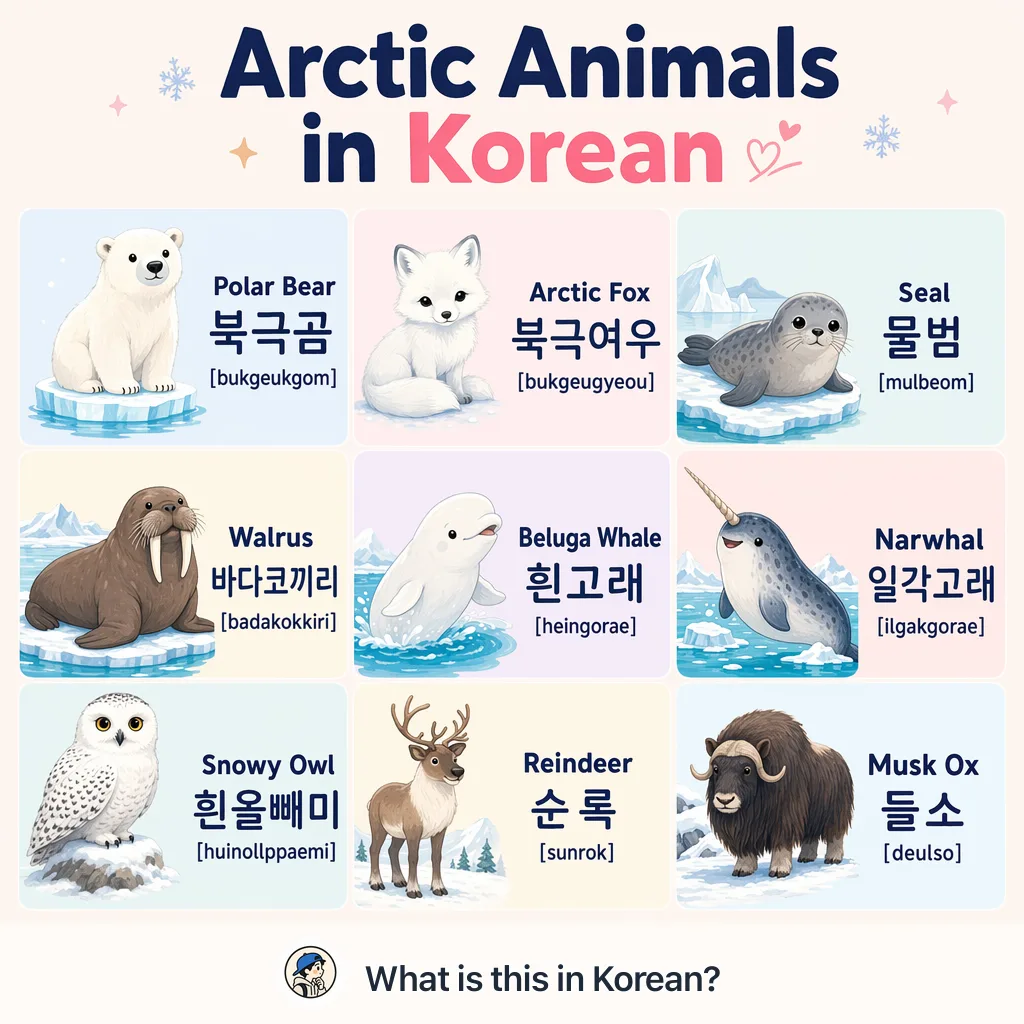 Arctic Animals in Korean — Korean vocab chart