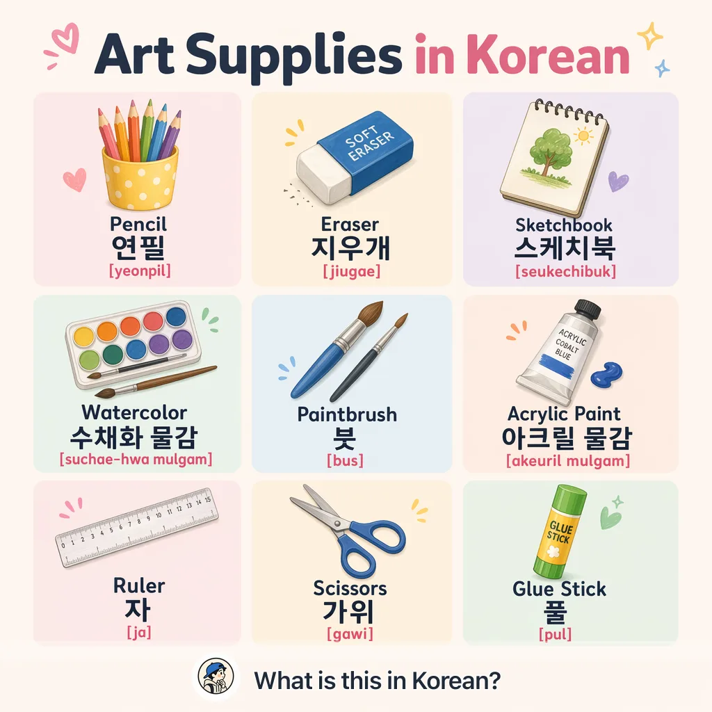Art Supplies in Korean — Korean vocab chart