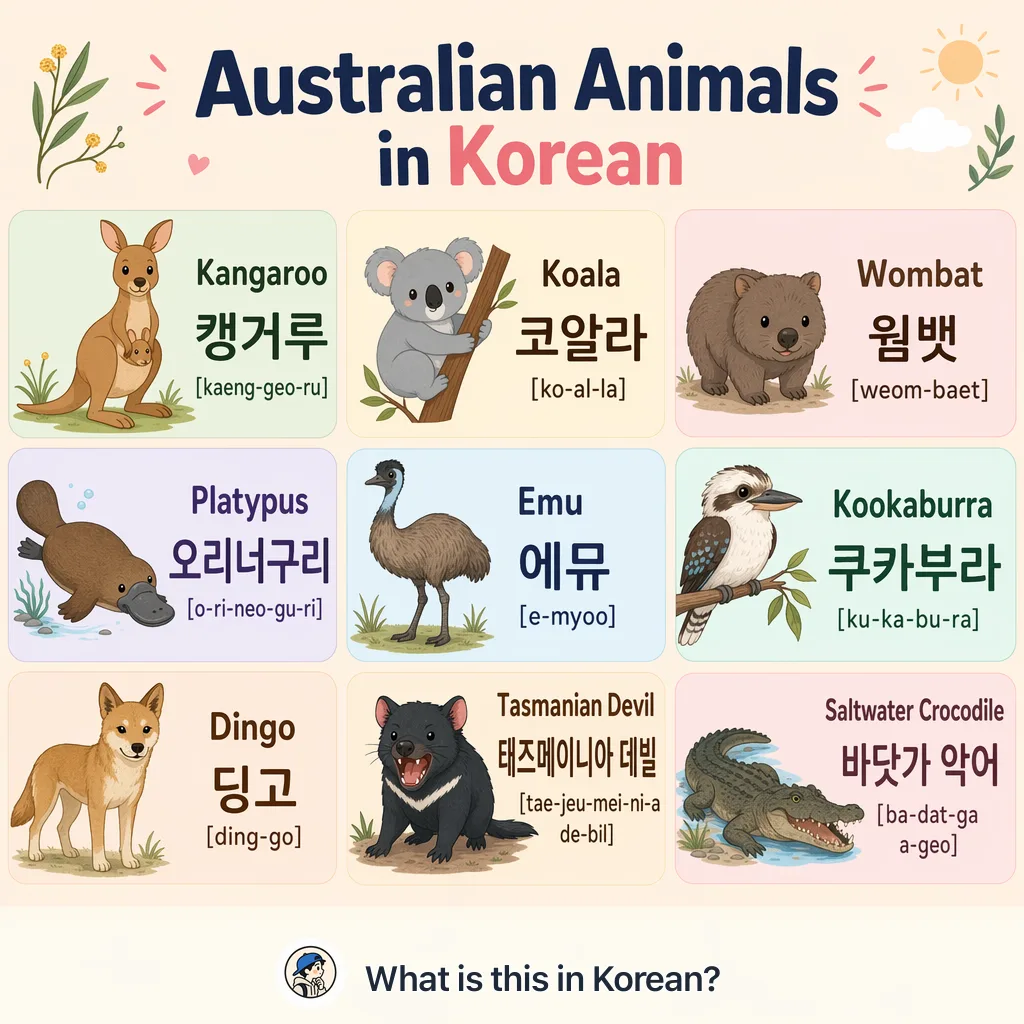 Australian Animals in Korean — Korean vocab chart
