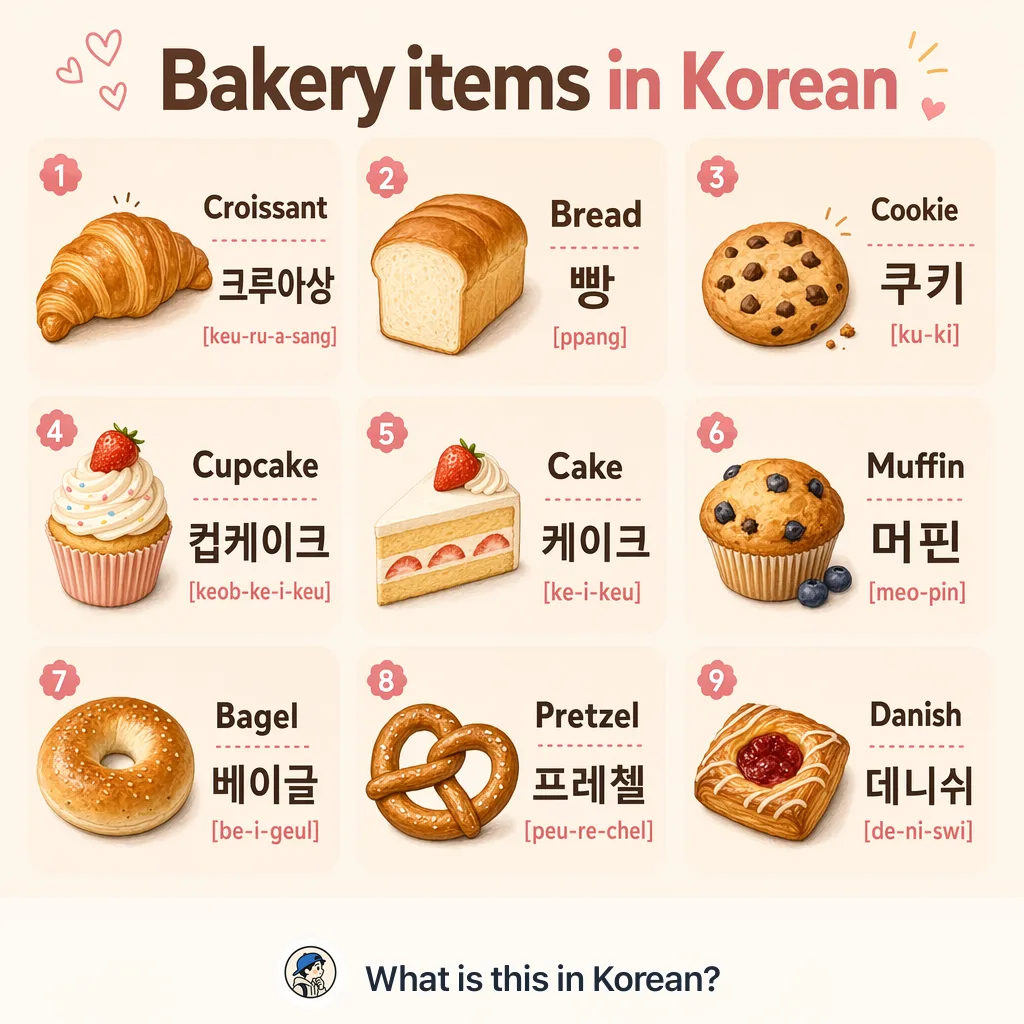 Bakery items in Korean — Korean vocab chart