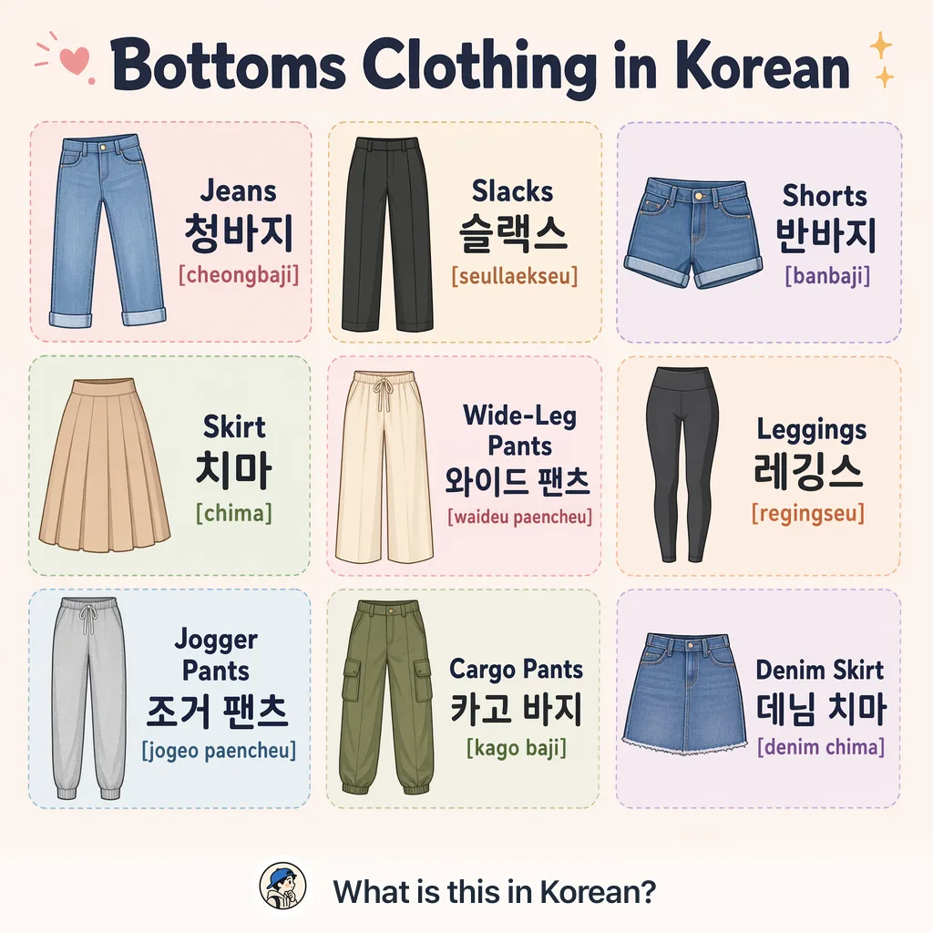 Bottoms Clothing in Korean — Korean vocab chart