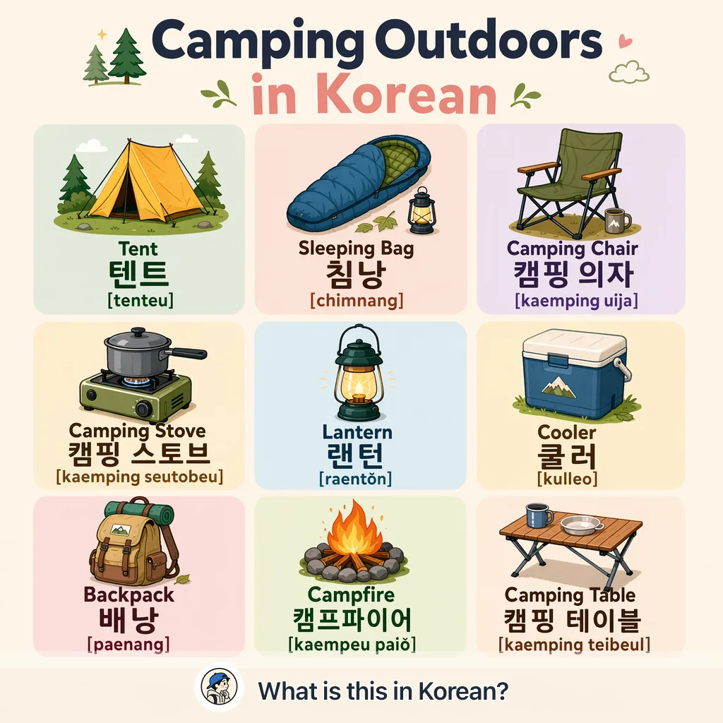 Camping Outdoors in Korean — Korean vocab chart