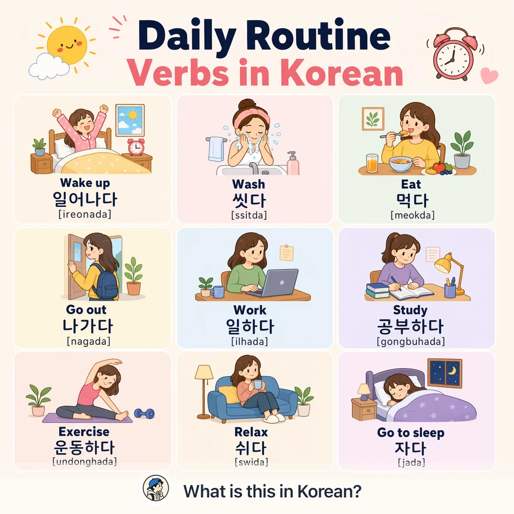 Daily Routine Verbs in Korean — Korean vocab chart