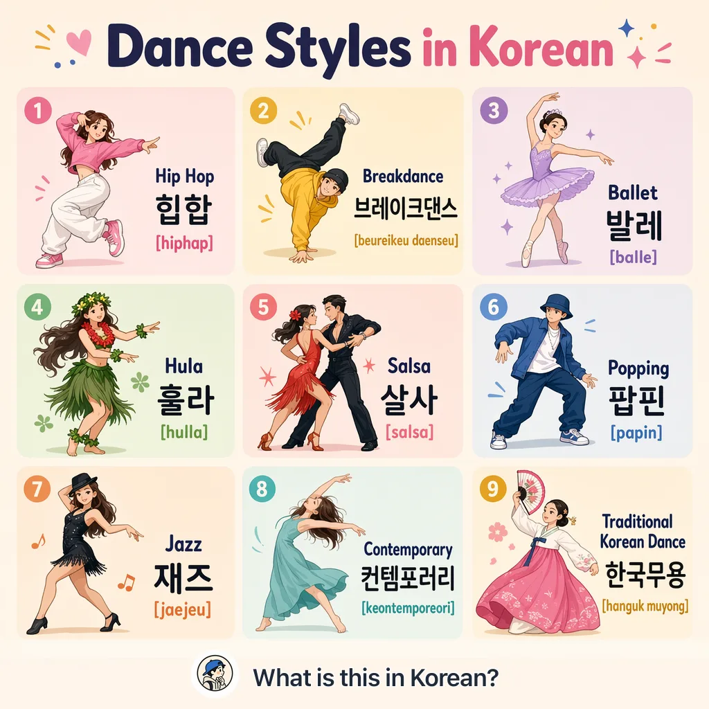 Dance Styles in Korean — Korean vocab chart
