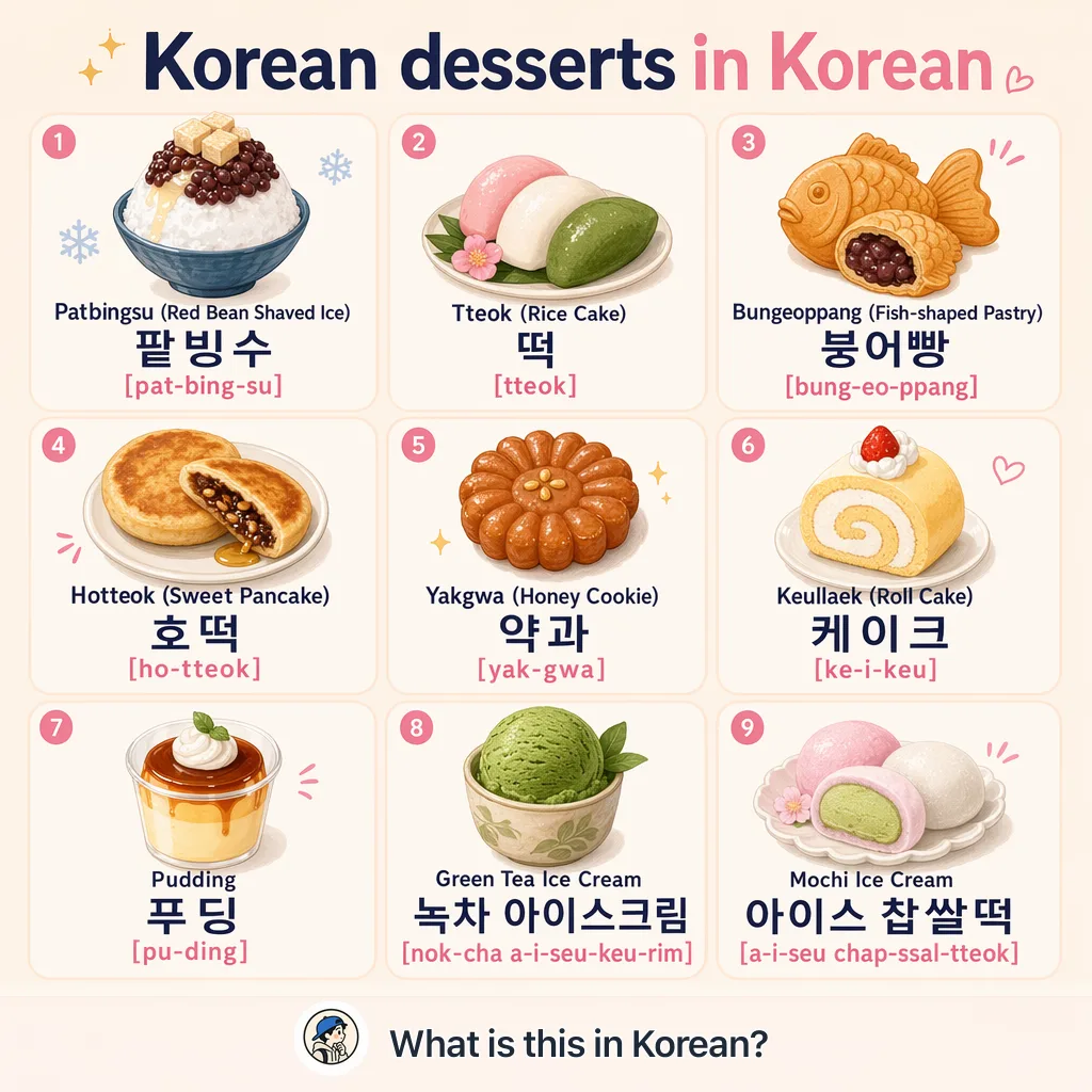 Korean desserts in Korean — Korean vocab chart