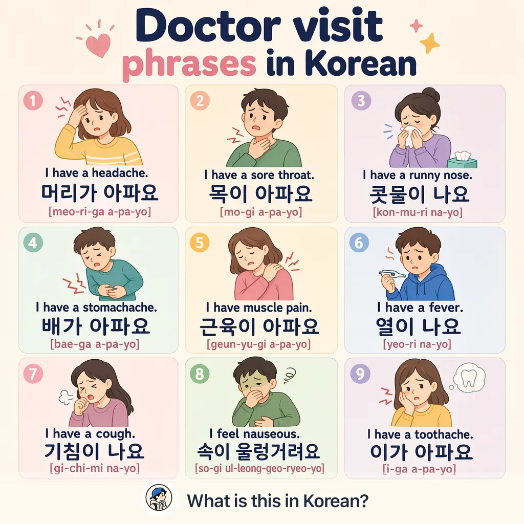 Doctor visit phrases in Korean — Korean vocab chart