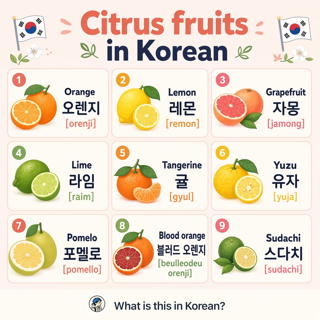 Citrus fruits in Korean — Korean vocab chart