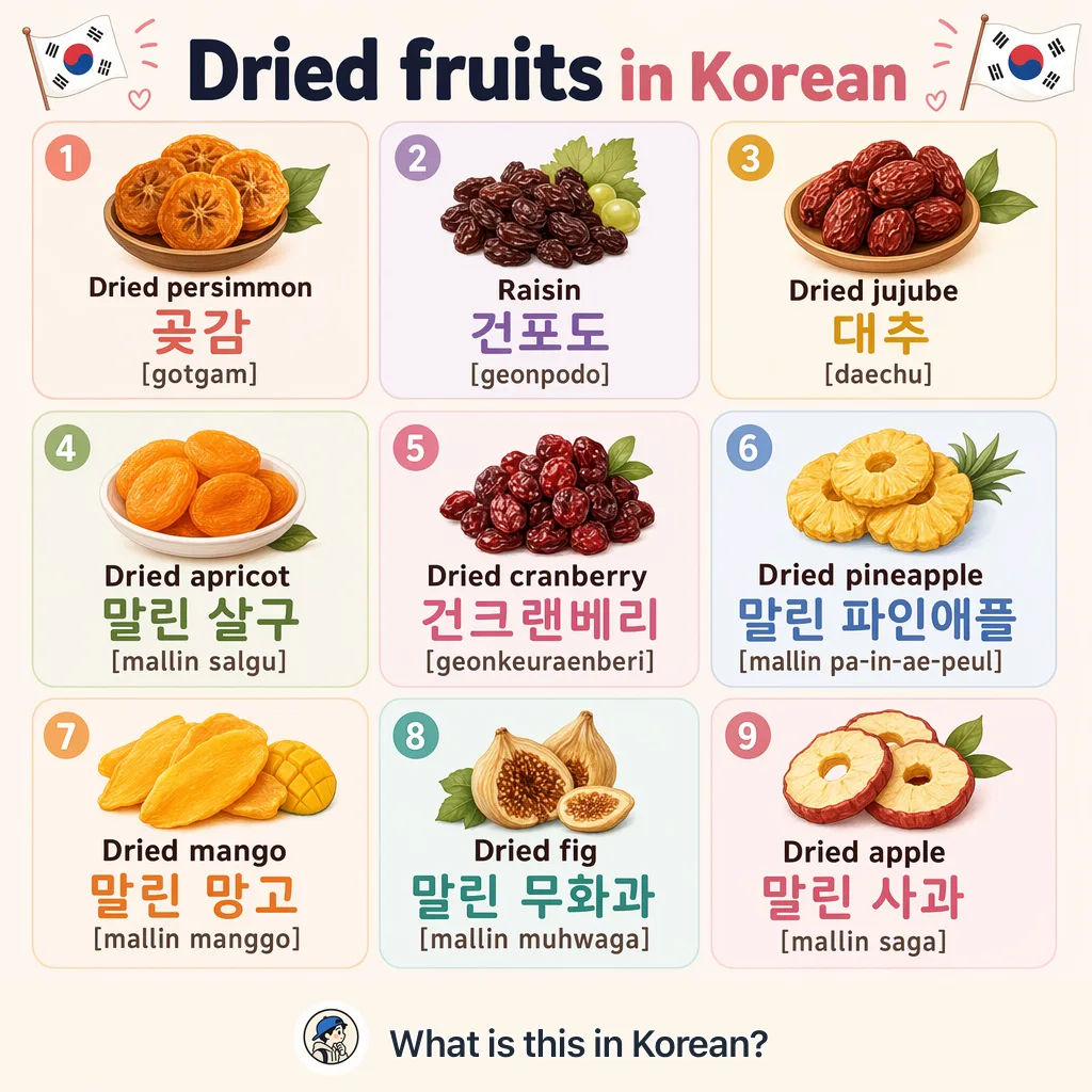 Dried fruits in Korean — Korean vocab chart