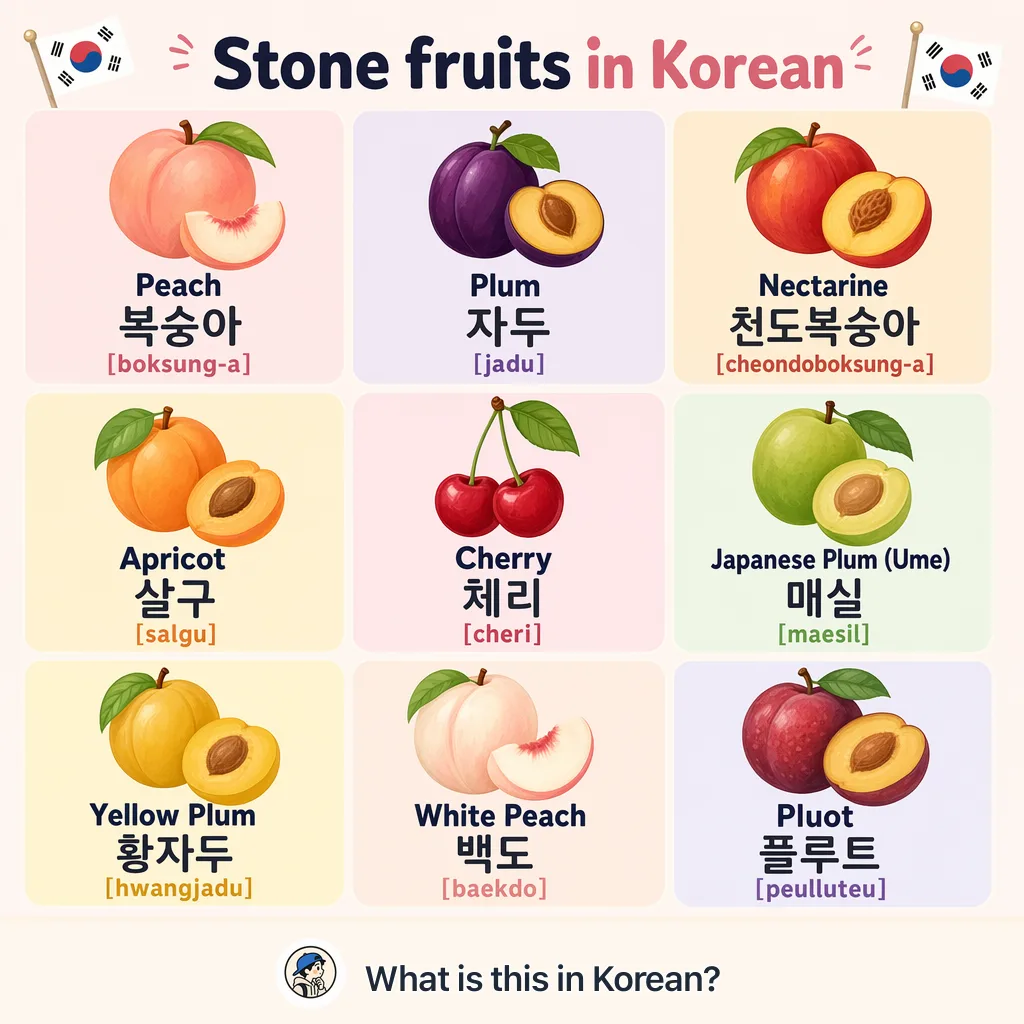 Stone fruits in Korean — Korean vocab chart
