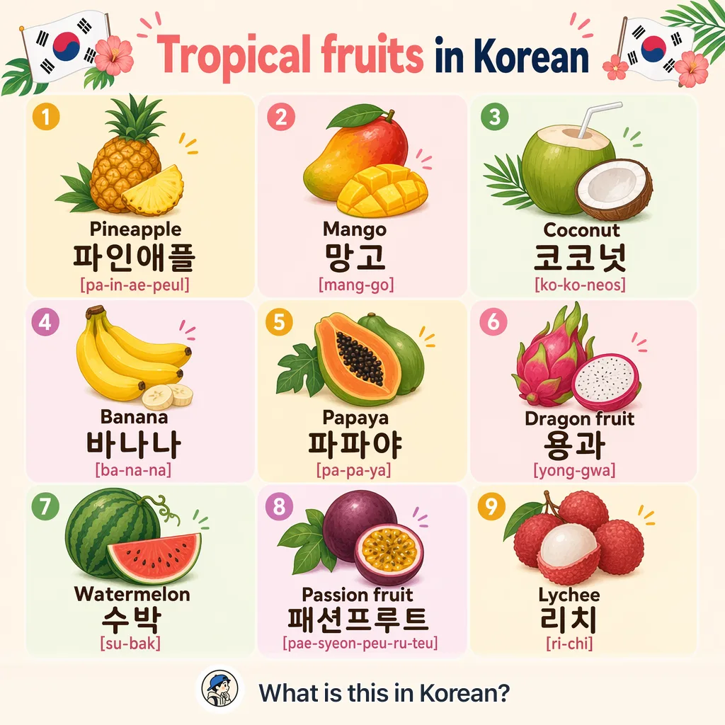 Tropical fruits in Korean — Korean vocab chart