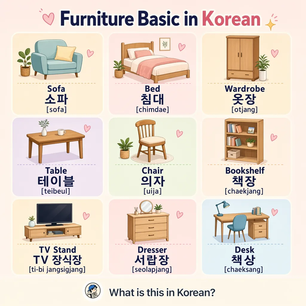 Furniture Basic in Korean — Korean vocab chart
