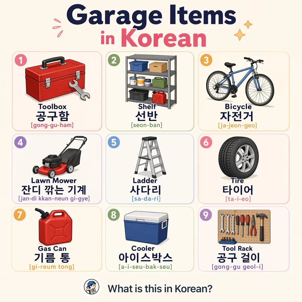 Garage Items in Korean — Korean vocab chart