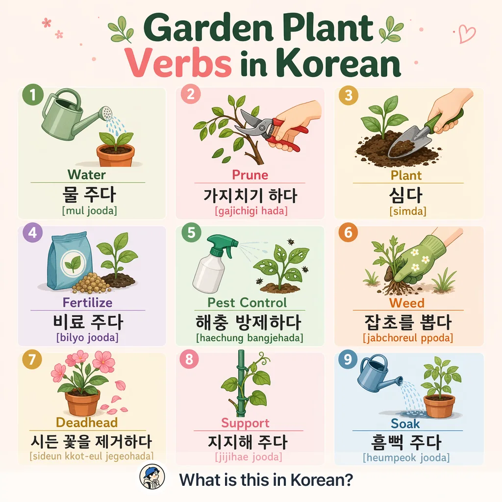 Garden Plant Verbs in Korean — Korean vocab chart