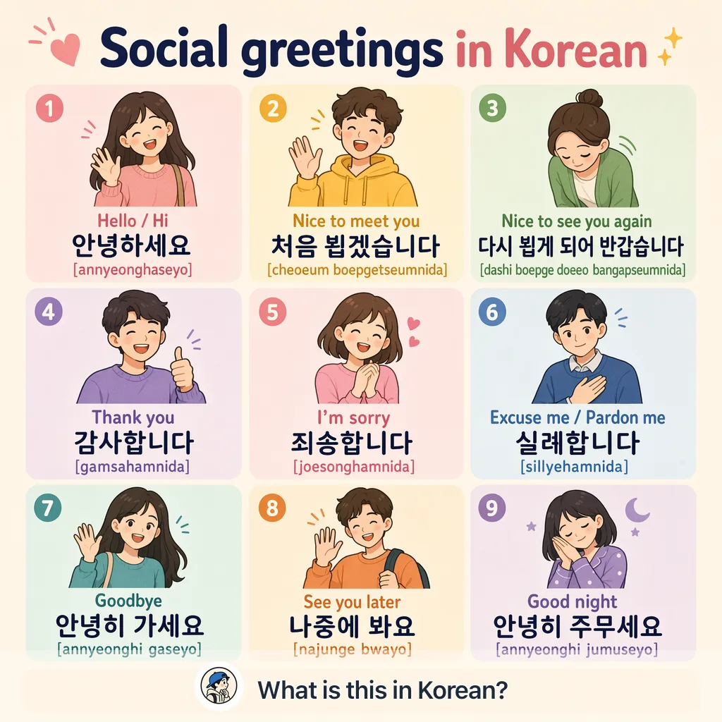 Social greetings in Korean — Korean vocab chart