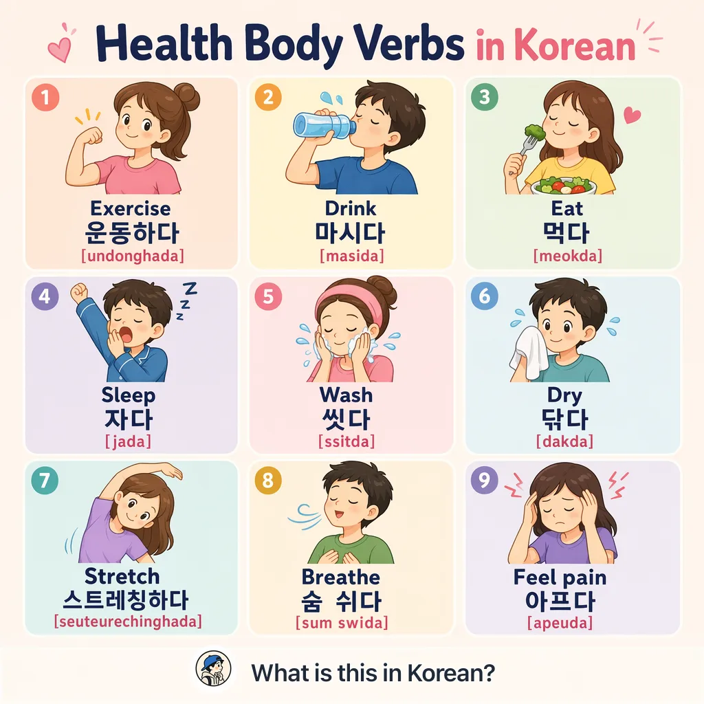 Health Body Verbs in Korean — Korean vocab chart