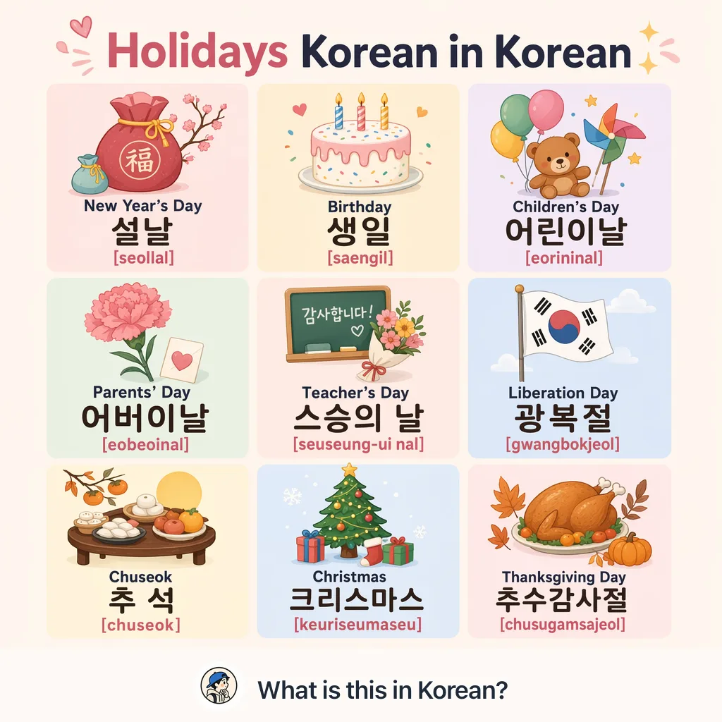 Holidays Korean in Korean — Korean vocab chart