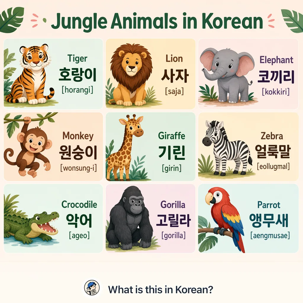Jungle Animals in Korean — Korean vocab chart