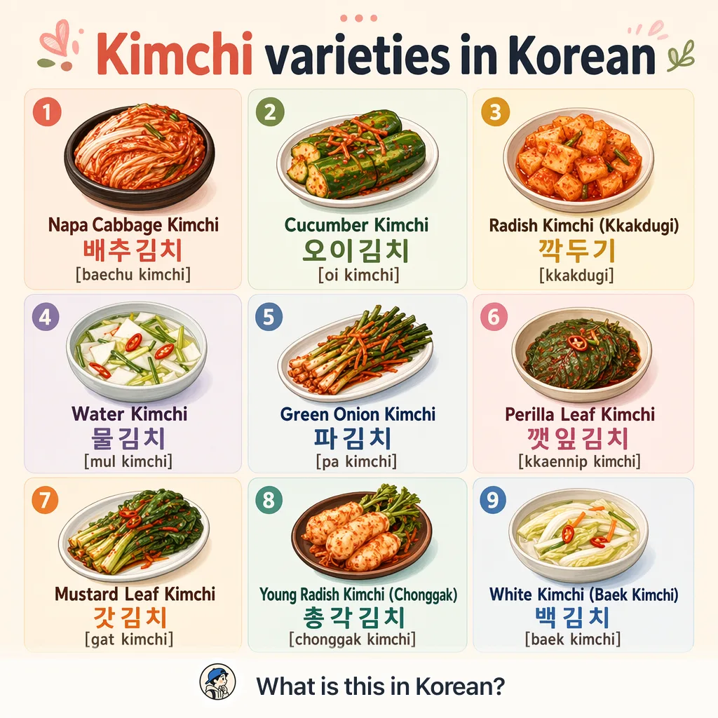 Kimchi varieties in Korean — Korean vocab chart