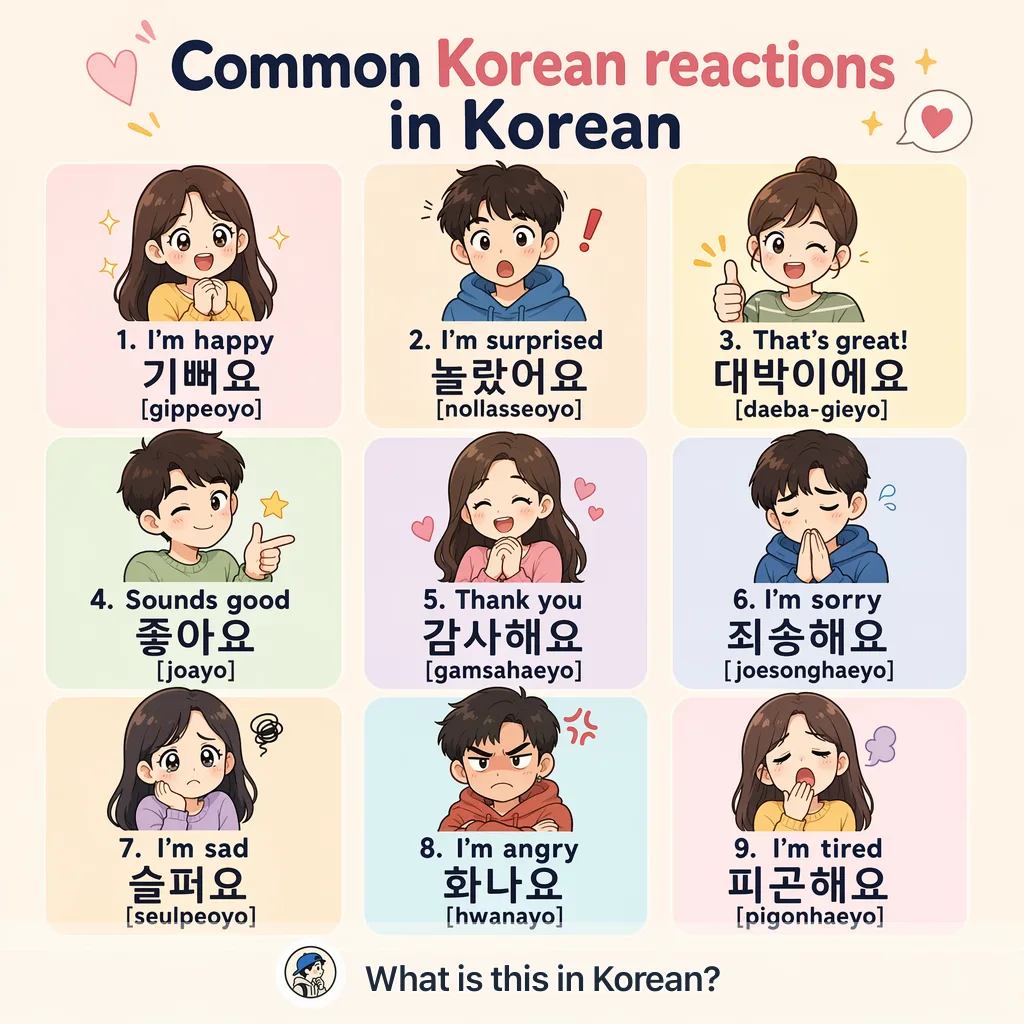 Common Korean reactions in Korean — Korean vocab chart