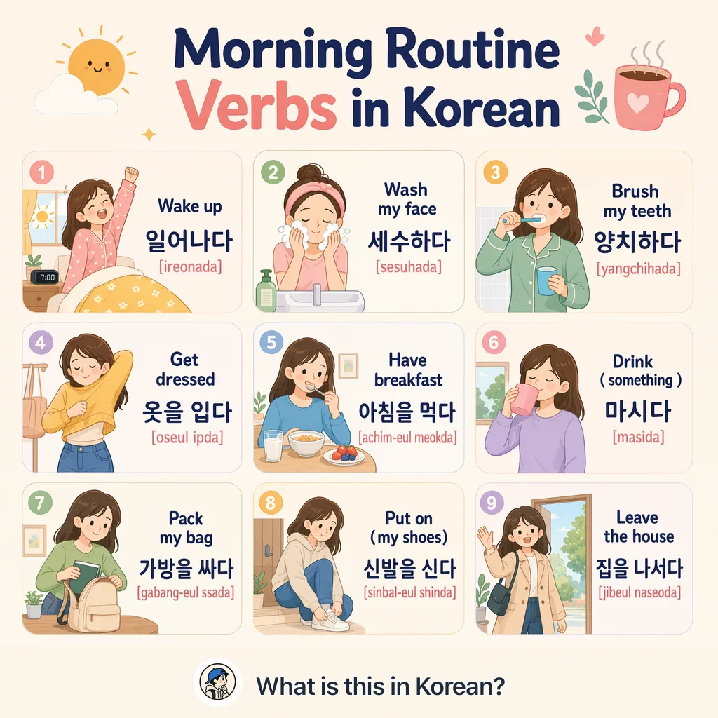 Morning Routine Verbs in Korean — Korean vocab chart