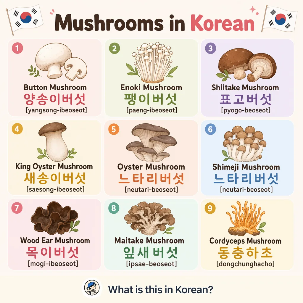 Mushrooms in Korean — Korean vocab chart