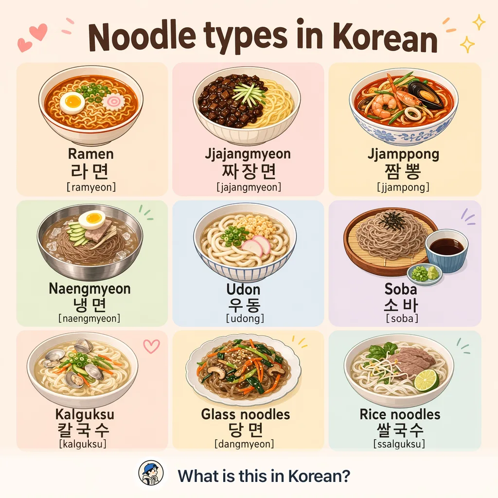 Noodle types in Korean — Korean vocab chart