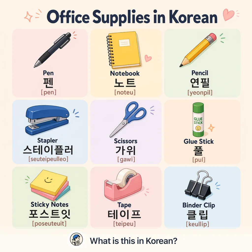 Office Supplies in Korean — Korean vocab chart