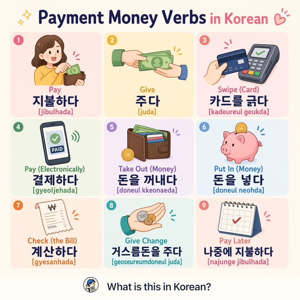 Payment Money Verbs in Korean — Korean vocab chart